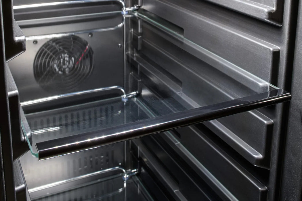 A Blaze Grills 15-Inch Outdoor Refrigerator with a glass door and a fan, offering a large capacity.