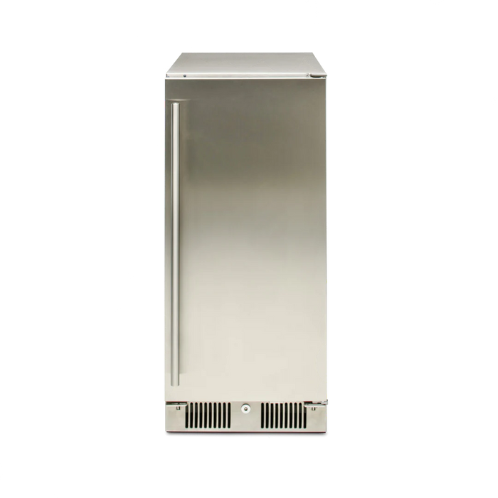 A large capacity stainless steel Blaze Grills 15-Inch Outdoor Refrigerator on a white background.
