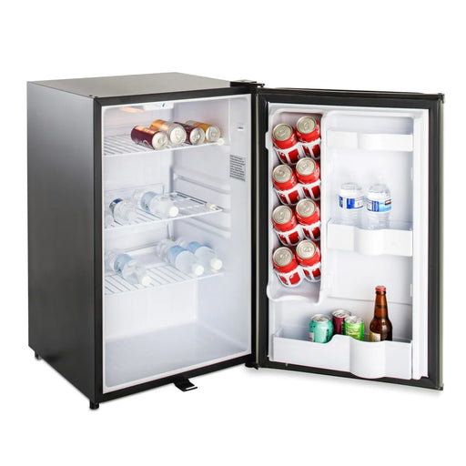 A Blaze Grills 20-Inch Outdoor Compact Refrigerator with a door open and drinks inside.