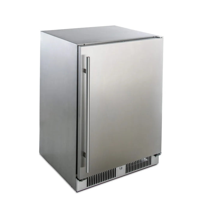 A Blaze Grills 24-Inch Outdoor Refrigerator with LED lighting on a white background.