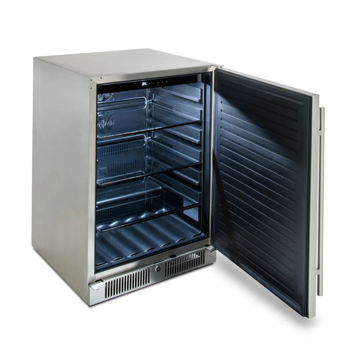 A sleek silver Blaze Grills 24-Inch Outdoor Refrigerator with a glass door, perfect for outdoor entertaining with its LED lighting feature.