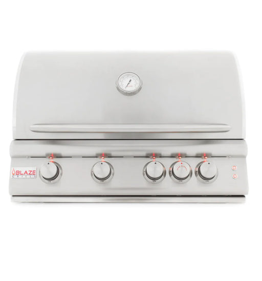 An outdoor Blaze Grills 4-5 Burner LTE Gas Grill with Rear Burner and Built-in Lighting System, featuring knobs and dials.