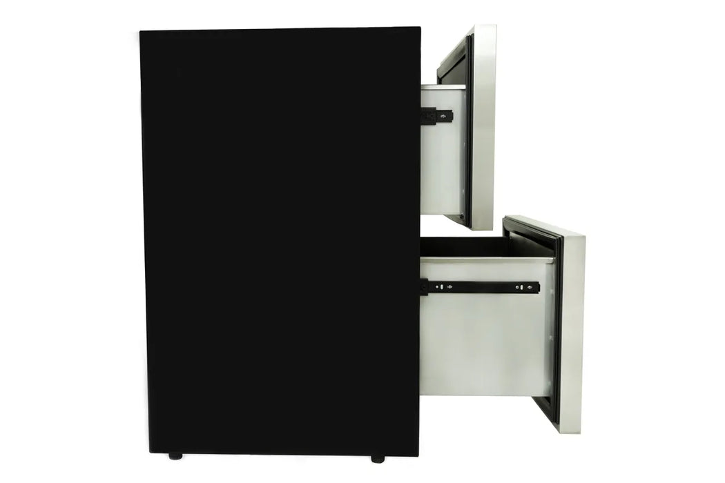 An outdoor refrigerator, the Blaze Grills Double Drawer 5.1 Cu. Ft. Refrigerator, has a black and silver cabinet with two drawers.