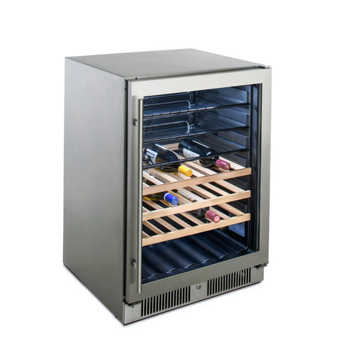 The Blaze Grills Glass Front Outdoor Beverage Cooler is an outdoor hosting essential made of 304-Grade Stainless Steel. This wine cooler showcases a stunning display of wine bottles.