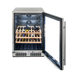 An outdoor hosting Blaze Grills Glass Front Outdoor Beverage Cooler, made from 304-Grade Stainless Steel, stocked with a selection of wine bottles.