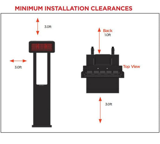 Minimum installation clearance diagram for the Bromic Heating Tungsten 500 Series portable gas patio heater, indicating safe spacing requirements.