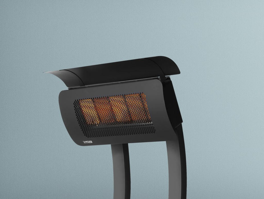 Sleek and modern Bromic Tungsten 500 Series portable heater with a curved design standing on a floor, showcasing the heating element.