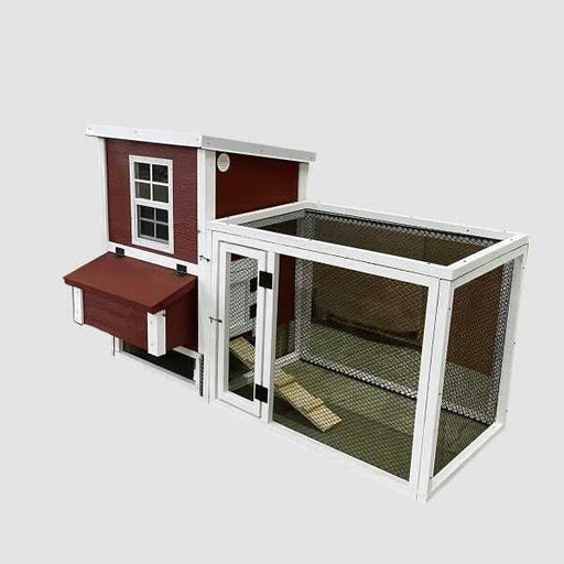 OverEZ Chicken Coop In A Box featuring a compact design suitable for up to 5 chickens, finished with white trim and sturdy construction.