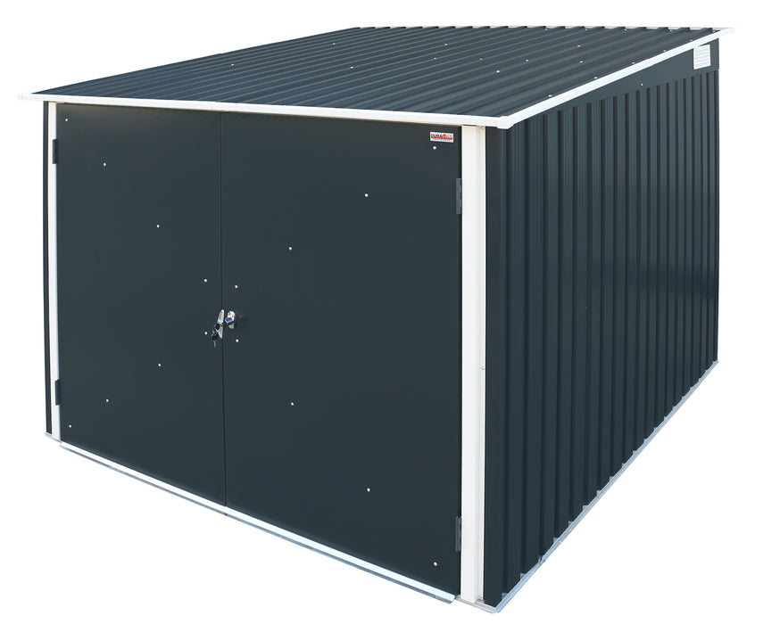 Front view of a compact Duramax bicycle storage shed in anthracite color, highlighting its sturdy build and lockable doors for enhanced bike security.