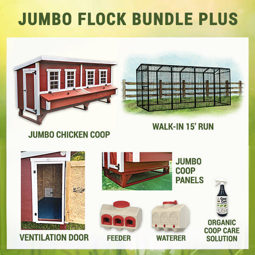 The complete OverEZ Jumbo Flock Bundle Plus, featuring the coop, expansive run, feeder, waterer, and Coop Care solution for ultimate poultry care.