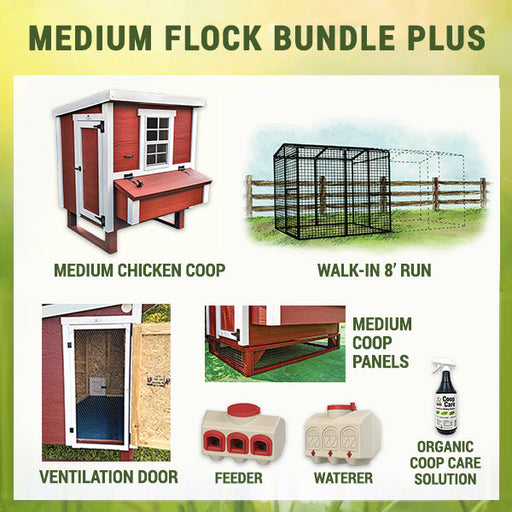 The complete OverEZ Medium Flock Bundle Plus, featuring the coop, expansive run, feeder, waterer, and Coop Care solution for ultimate poultry care.