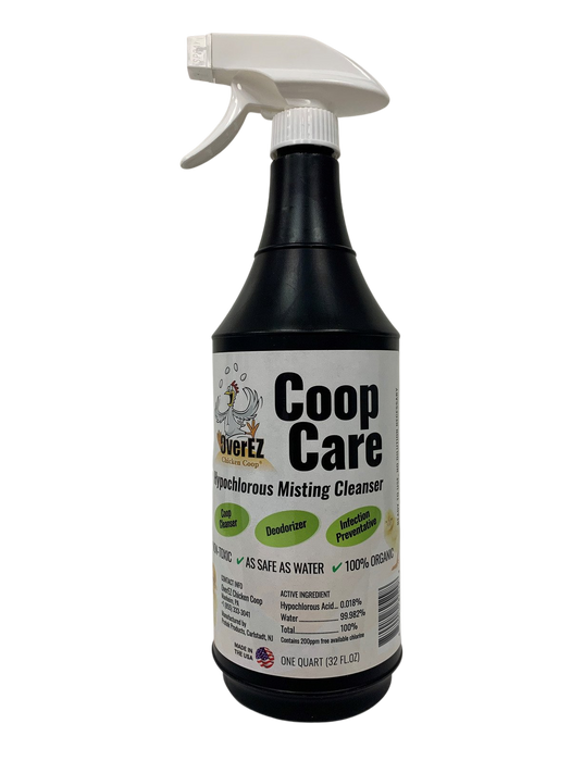 OverEZ Coop Care Misting Cleanser bottle, an organic cleaning solution ensuring a hygienic environment for chickens.