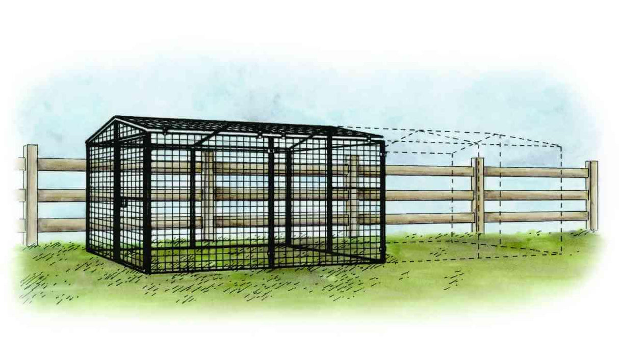  Conceptual sketch of the OverEZ Regular 8-foot Chicken Run, detailing its secure mesh construction and ample space for chickens, against a serene farm fence background.