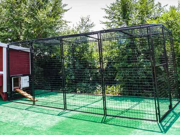 Detailed view of the OverEZ 15 ft. Walk-In Chicken Run construction, featuring sturdy metal frame and high-quality mesh.