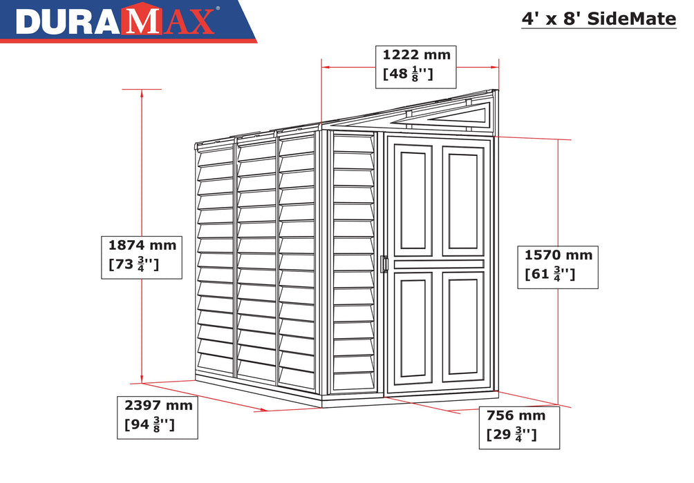 Technical drawing of Duramax The SideMate 4'x8' Vinyl Shed with detailed dimensions in both mm and inches, showcasing the precise measurements and design layout.