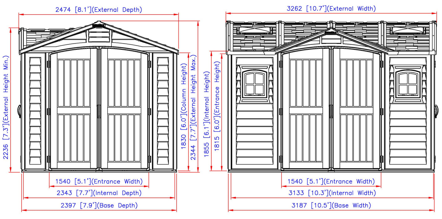 Duramax 10.5 x 8 Apex Pro w/fndtn, 2 windows & side door - Backyard Oasis dimensions
