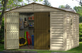 Duramax 10.5x10 Woodbridge Plus w/foundation - Backyard Oasis one door open with things inside