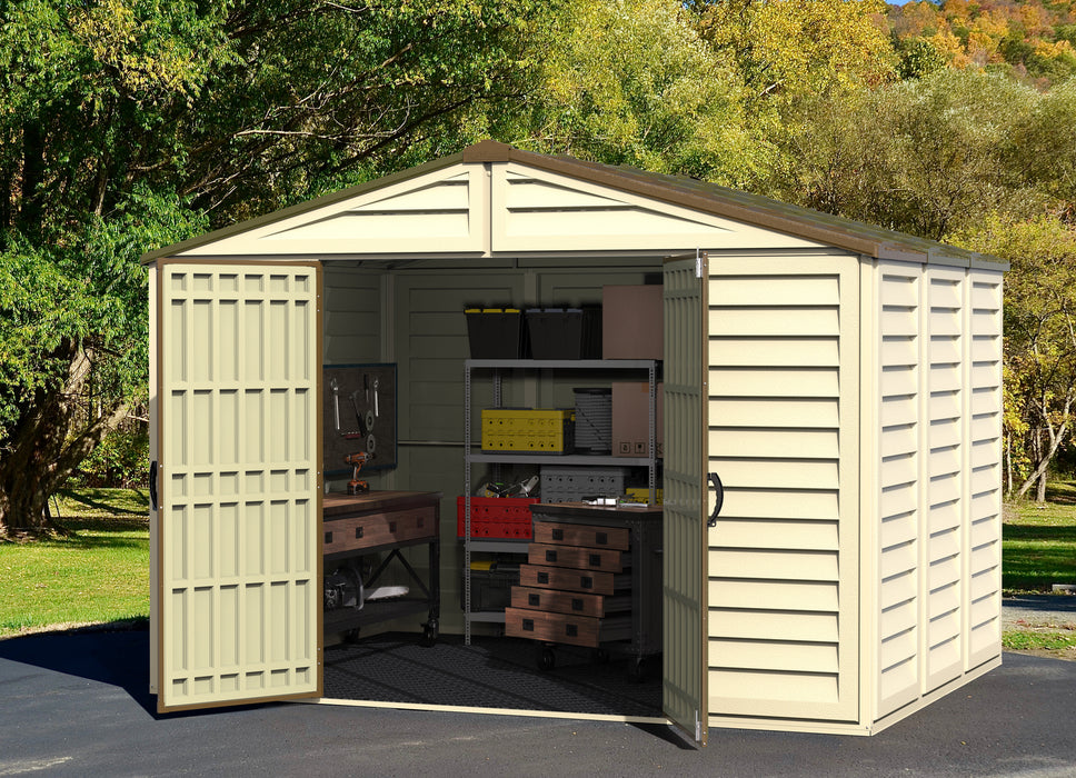 Duramax 10.5x8 Woodbridge Plus w/ Foundation - Backyard Oasis doors opened with things inside