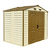 Duramax 8x6 StoreAll Vinyl Shed w/ Foundation - Backyard Oasis corner angle in white background