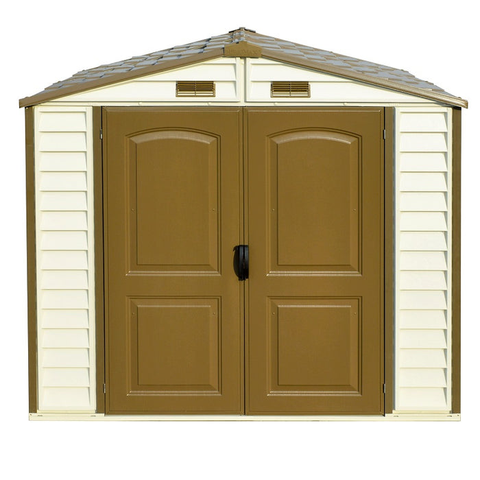 Duramax 8x6 StoreAll Vinyl Shed w/foundation - Backyard Oasis front view in white background