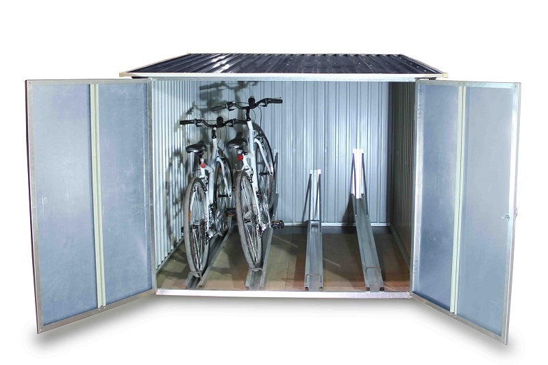 Duramax Bicycle Storage Shed Anthracite w/ White Trim - Backyard Oasis in white background; open doors with two bikes inside