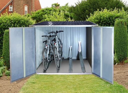Duramax Bicycle Storage Shed Anthracite w/ White Trim - Backyard Oasis placed outdoors with two bikes