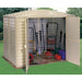 Duramax Duramate 8x6 Vinyl Shed w/ Foundation corner angle doors open; with things inside