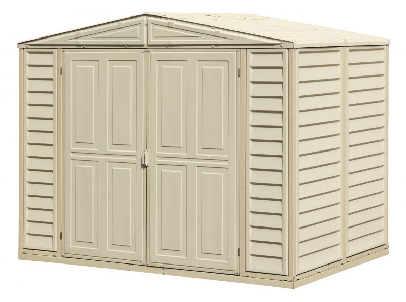 corner angle of the Duramax Duramate 8x5.3 Vinyl Shed w/ Foundation with doors closed in white background