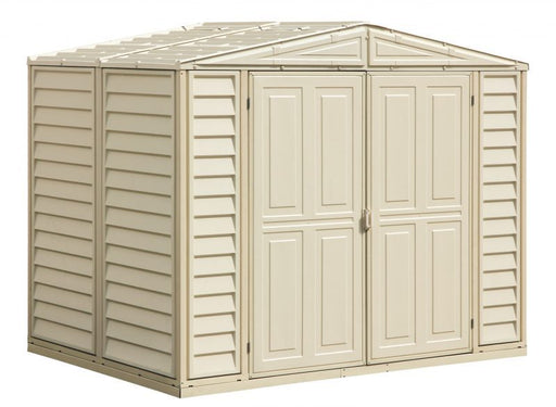 Duramax Duramate 8x6 Vinyl Shed w/ Foundation corner angle in white background