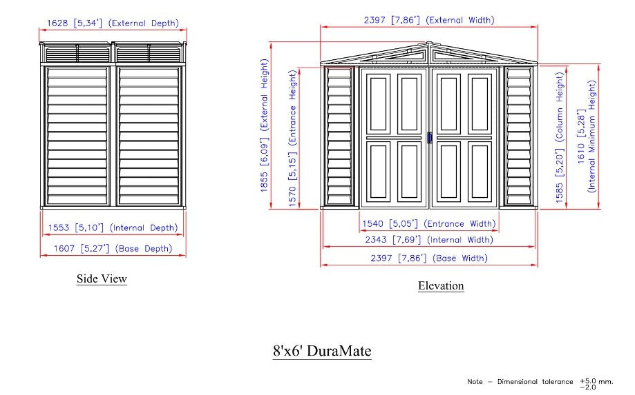 dimensions of the Duramax Duramate 8x6 Vinyl Shed w/ Foundation 