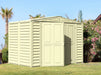 Duramax Duramate 8x5.3 Vinyl Shed w/ Foundation placed outdoors with slightly open door