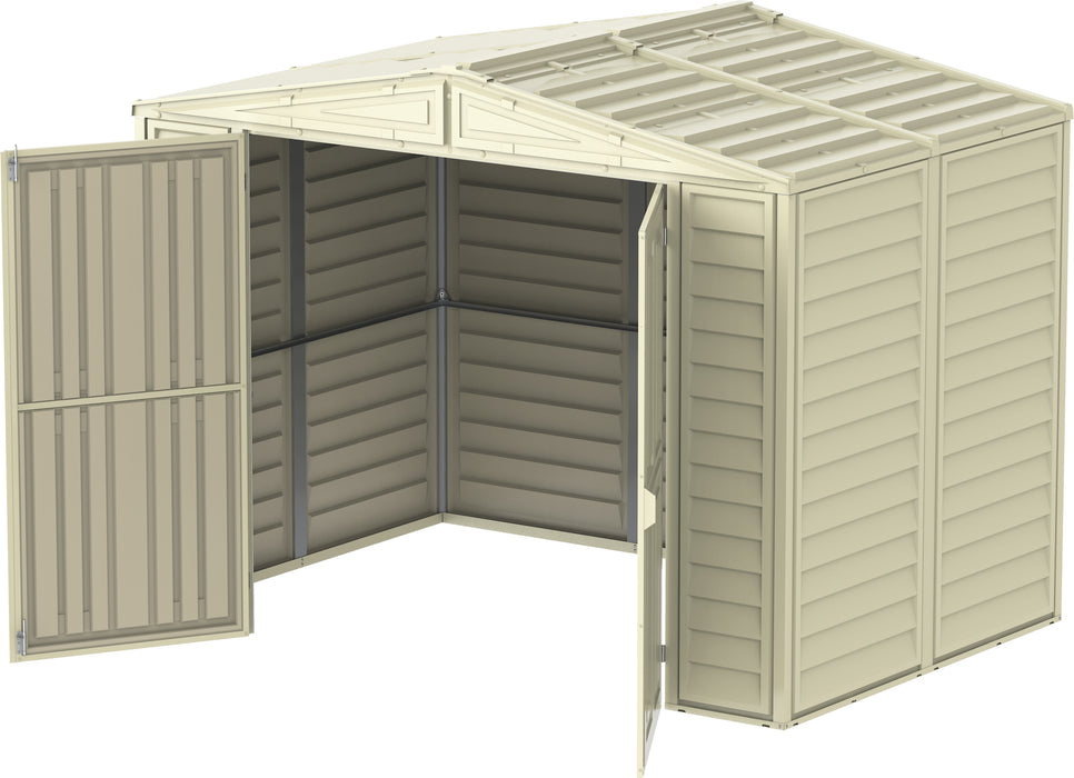 Top side view of the opened Duramax Duramate 8x5.3 Vinyl Shed w/ Foundation featuring the interior