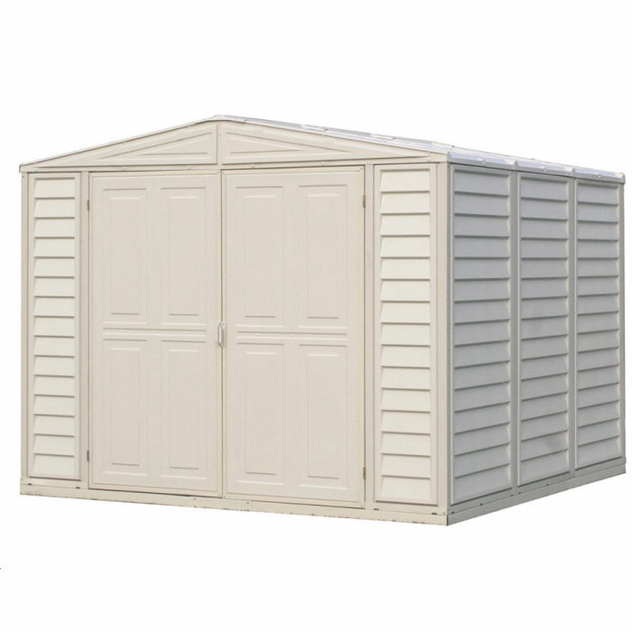 Duramax Duramate 8x8 Vinyl Shed w/ Foundation - Backyard Oasis closed doors in white background