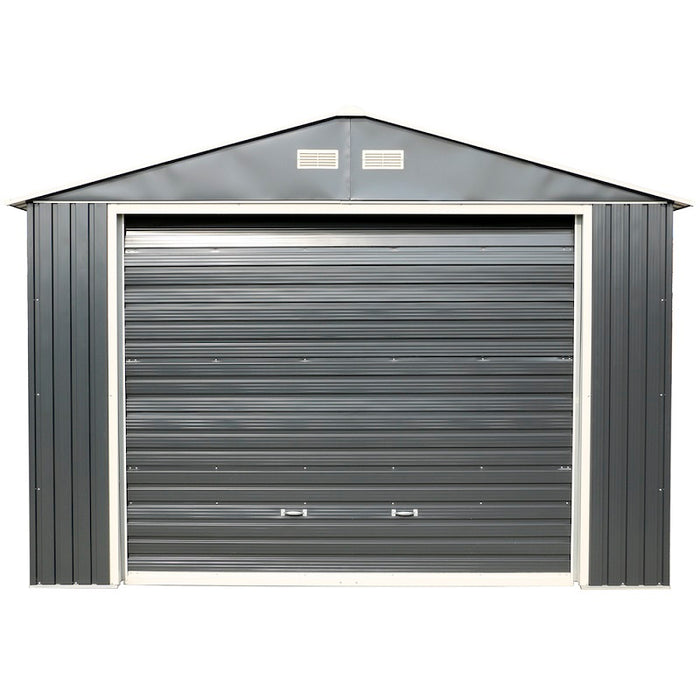 Duramax Imperial Metal Garage Dark Gray w/White 12x20 - Backyard Oasis door view