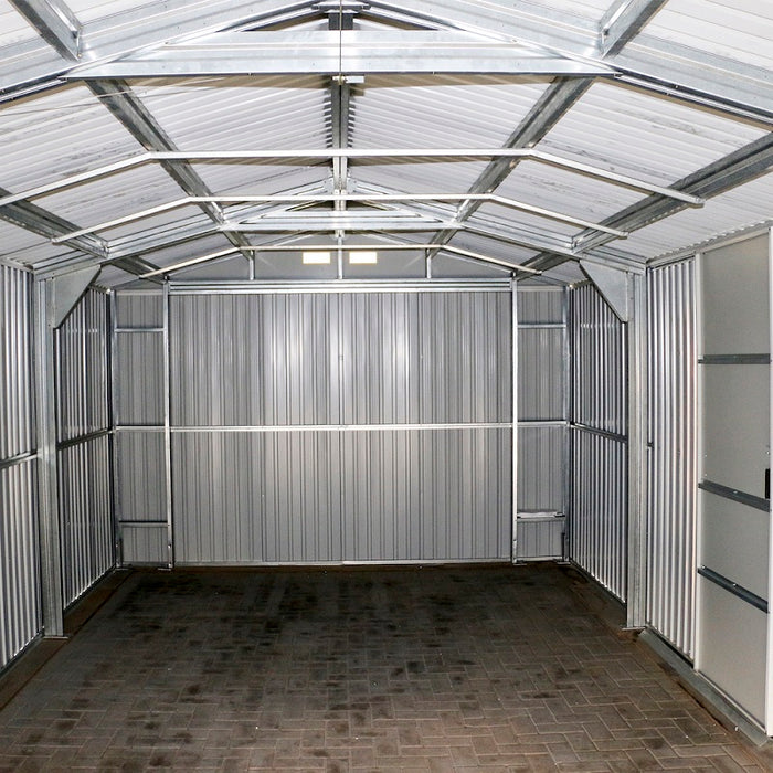 Duramax Imperial Metal Garage Dark Gray w/White 12x20 - Backyard Oasis inside view without vehicle