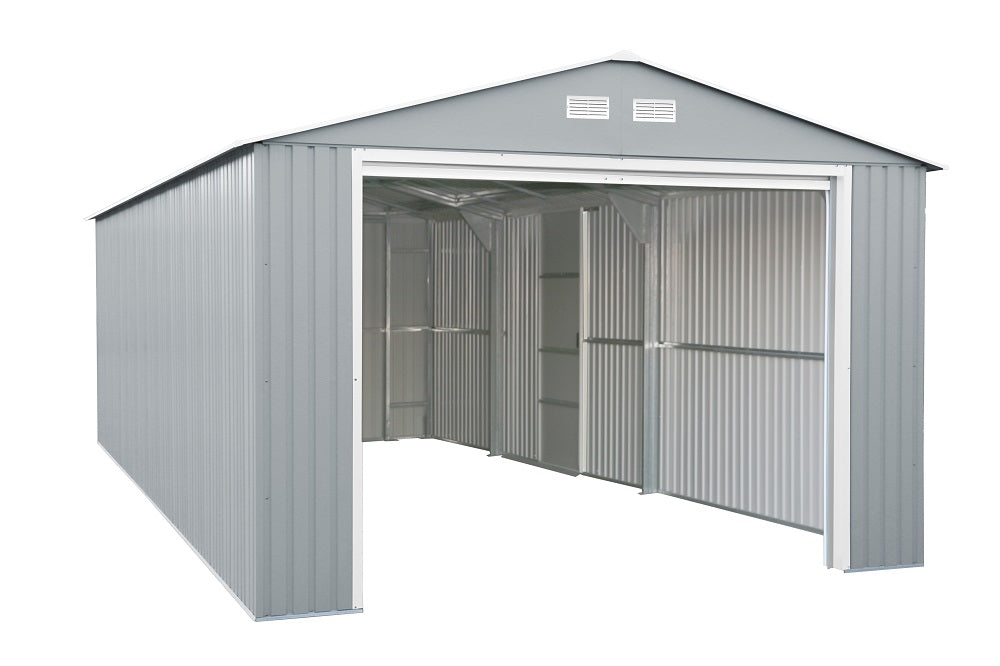 Duramax Imperial Metal Garage Light Gray w/Off White 12x20 - Backyard Oasis garage-right-side_ open door