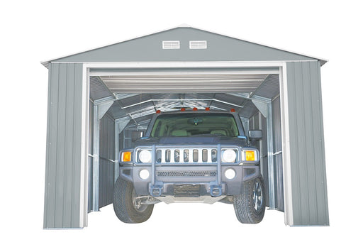 Duramax Imperial Metal Garage Light Gray w/Off White 12x20 - Backyard Oasis large door open with vehicle inside