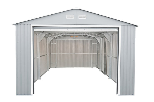 Duramax Imperial Metal Garage Light Gray w/Off White 12x26 - Backyard Oasis front view garage door open