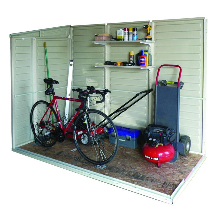 Duramax SideMate Shed w/foundation 4x8 - Backyard Oasis inside view with things