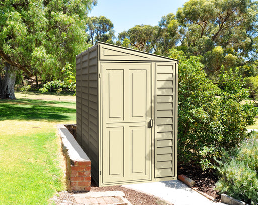 Duramax SideMate Shed w/ Foundation 4x8 - Backyard Oasis placed outdoors closed door