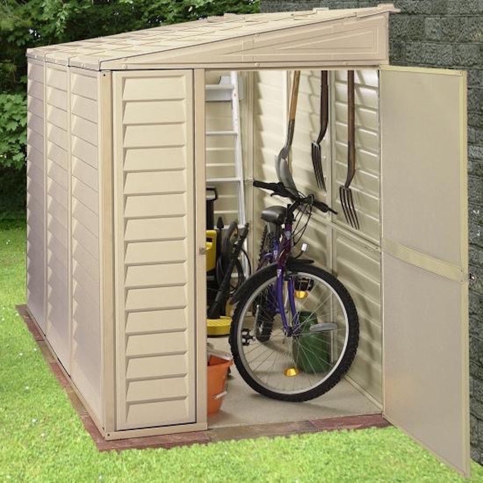 Duramax SideMate Shed w/foundation 4x8 - Backyard Oasis placed outside with bike inside