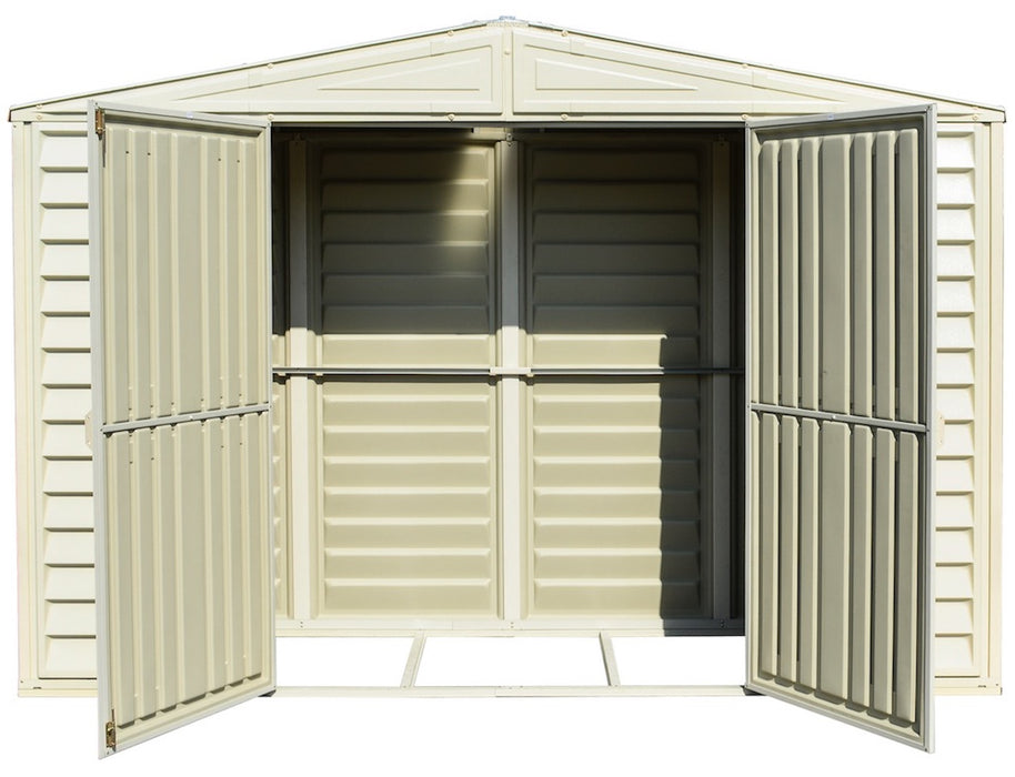 Duramax Sidepro 10.5x3 w/ Foundation - Backyard Oasis open doors; empty inside