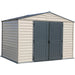 A Duramax StoreMax Plus 10.5 X 8 - 30225 metal storage shed with two doors. front view in white background