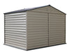 A Duramax StoreMax Plus 10.5 X 8 - 30225 plastic storage shed on a white background. back view