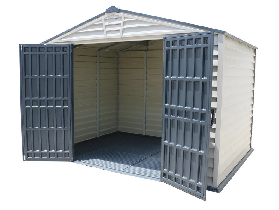 A Duramax StoreMax Plus 10.5 X 8 - 30225 storage shed with doors open on a white background. corner angle of doors opened; inside empty 