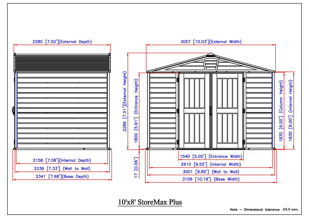 A diagram showing the measurements of the Duramax StoreMax Plus 10.5 X 8 - 30225 shed by Duramax. dimensions