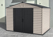 A Duramax StoreMax Plus 10.5 X 8 - 30225 plastic storage shed. placed outside door closed