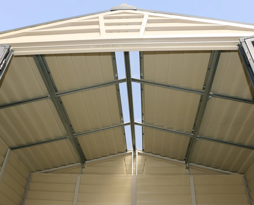 The roof of a Duramax StoreMax Plus 10.5 X 8 - 30225 shed with a metal roof. roof details