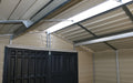 A Duramax StoreMax Plus 10.5 X 8 - 30225 metal shed with a door and a skylight. roof support details from inside