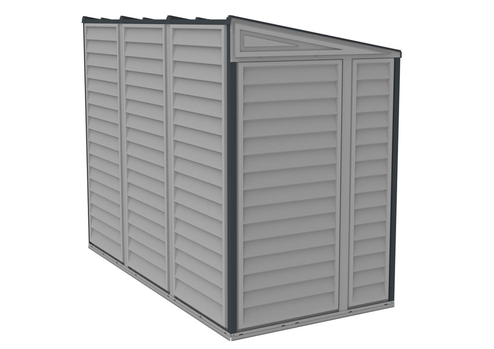 A Duramax The SideMate 4x8 Vinyl Shed - 36625 on a white background.  back angle